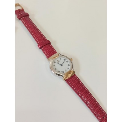 VINTAGE Lanvin γυναικείο ρολόι με επίχρυσο και ασημί καντράν και κόκκινο δερμάτινο λουράκι (VIN23)